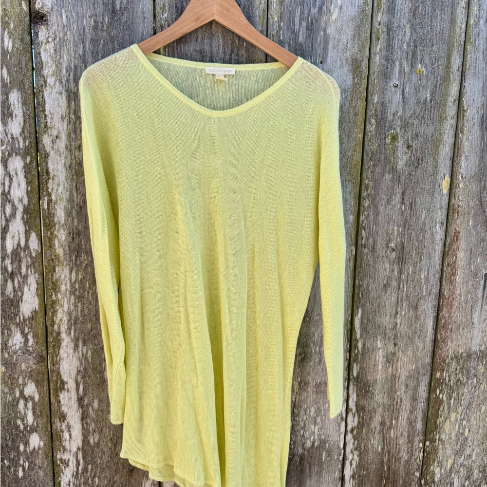 Eileen Fisher Yellow Asymmetrical Tunic with 3/4 Sleeves made of Italian linen